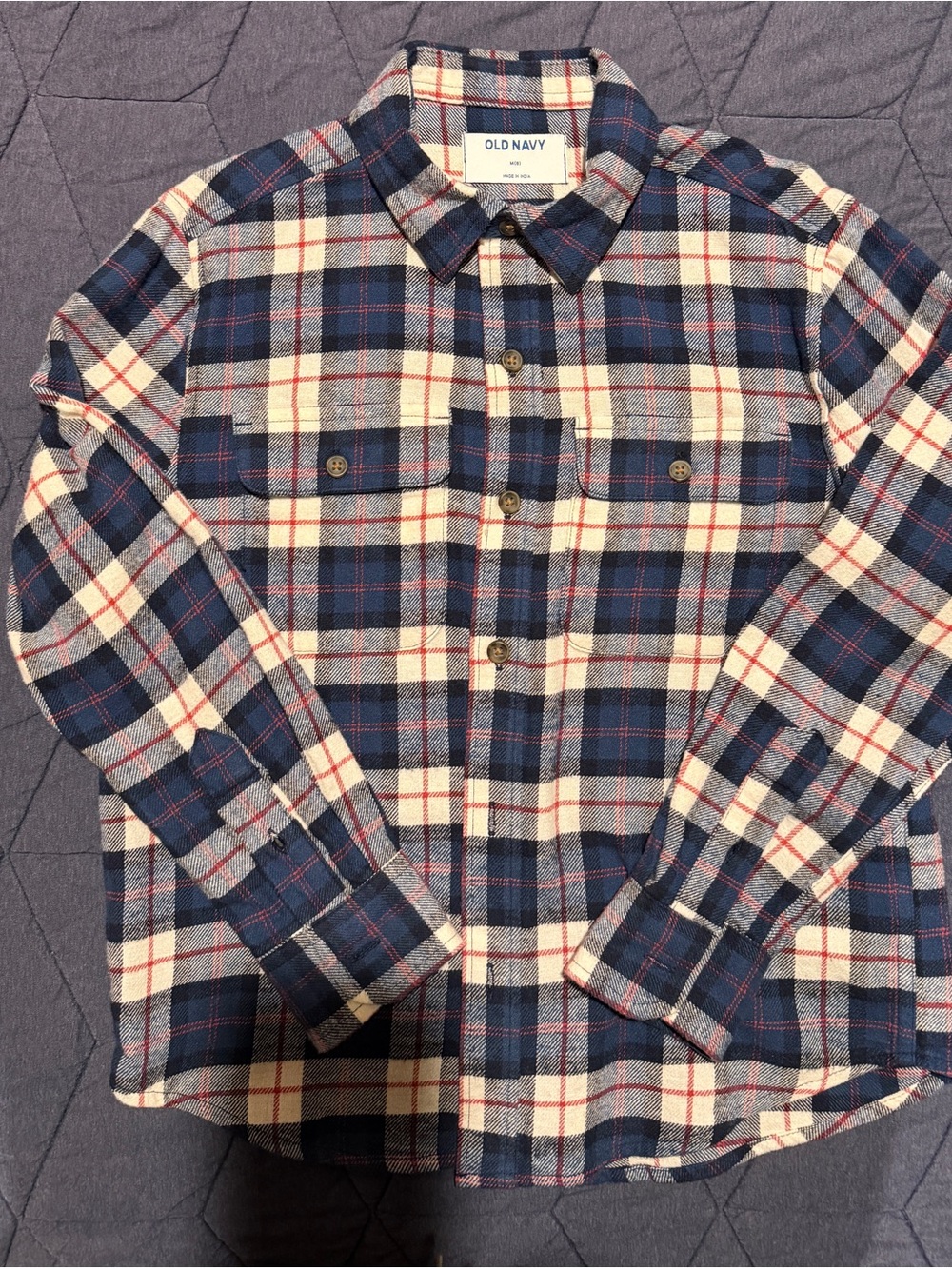 Old Navy Blue and Cream Plaid Button-Down Flannel